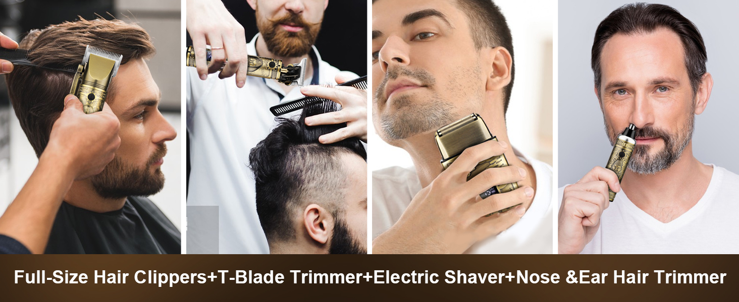 Full-Size Hair Clippers+T-Blade Trimmer+Electric Shaver+Nose &Ear Hair Trimmer