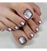 24 Pcs Black Square Press on Toenails Short Fake Toe Nails Glitter Reusable False Toenails Kit Su...