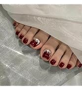 Red Press on Toenails Short Square Fake Toe Nails with 3D Rhinestones Designs Spring False Toenai...