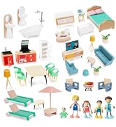 Smartwo 43PCS Wooden Dollhouse Furniture Set for Kids Toddlers 3Y+,Wood and Plastic Blue Dollhous...