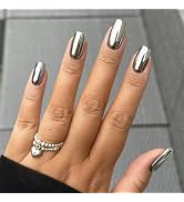 Silver Chrome Press on Nails Short Square Fake Nails Metallic False Nails Mirror Silver Acrylic N...