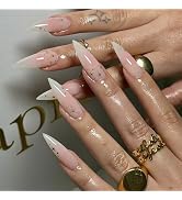 24Pcs Long Stiletto Press on Nails Acrylic Fake Nails Pink Gradient False Nails with Star Pattern...