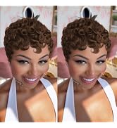 QiaQiaRing Pixie Cut Human Hair Wig Chocolate Brown Color 4 Short Curly Style Summer Glueless Sho...