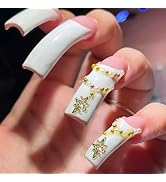 Curved Press on Nails Long False Nails with 3D Gold Star Design White French Tips Stick on Nails ...