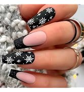 MISUD Press on Nails - Long Coffin Fake Nails with Black French Tip, Acrylic Snowflake Design 24 pcs