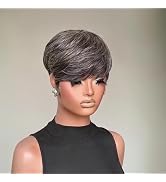 SisBroSis Salt and Pepper Black with 60# Mix Gray Color Pixie Cut Human Hair Wig for Women's Dail...