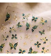 JMEOWIO 3D Embossed Green Gold Butterfly Nail Art Stickers Decals Self-Adhesive 5D Nail Supplies ...