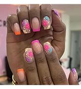 Flower Press on Nails Medium Square Fake Nails Pink French Tip False Nails Spring Summer Glossy G...