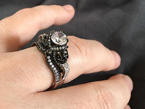 Twist Two Tone Round Cut Sterling Silver Skull Ring
