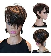FREEKWEEN Short Pixie Cut Wig for Black Women Human Hair Nature looking Black Mixed Blonde Highli...