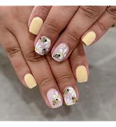 Spring Press on Nails Short Square Fake Nails Yellow Nails Press ons Glossy Glue on Nails Acrylic...