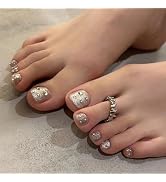 MISUD Press on Nails - Toe Glue on Nails with Bling Silver Glitter, Acrylic Toenails Rhinestone D...