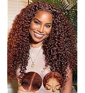 KLAIYI Bye Bye Knots Glueless Wig Reddish Brown Curly Pre Cut 7x5 Lace Front Wigs Human Hair Draw...