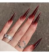 MISUD Press on Nails Long Stiletto Fake Nails Glossy Glue on Nails Wine Red Ombre Acrylic Nails S...