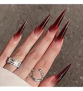 MISUD Press on Nails Long Stiletto Fake Nails Glossy Glue on Nails Wine Red Ombre Acrylic Nails S...