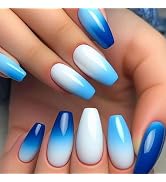 MISUD Press on Nails - Medium Coffin Fake Nails with Blue White, Acrylic Summer Ombre Design 24 pcs