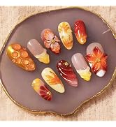 30pcs Fall Press on Nails Medium Almond Fake Nails with 3D Flower Maple Leaf Gold Beads French Ti...