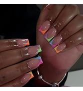 24 Pcs French Tip Press on Nails Short Square Colorful French Tip Design Fake Nails Reusable Fals...