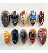 30Pcs Halloween Press on Nails Almond Medium Fake Nails with 3D Spider Bat Designs Spider Web Gho...