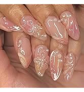 24 Pcs Handmade Press on Nails Medium Almond Fake Nails Press ons Acrylic Artificial Nails Spring...