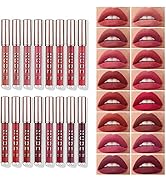 Collection of liquid lipstick tubes with metallic rose gold packaging, alongside swatches showing various shades of pink and red on lips.