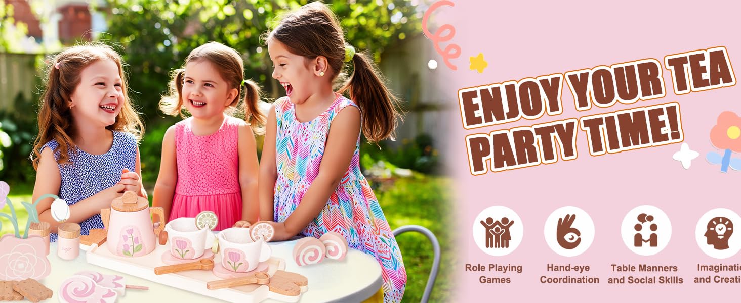 Outdoor tea party scene with three young girls in colorful dresses at a table with treats. Text reads 'ENJOY YOUR TEA PARTY TIME!' with icons for party activities below.