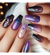 Press on Nails Medium Coffin Fake Nails with Stars Designs Purple Acrylic Nails Starry Sky Nails ...