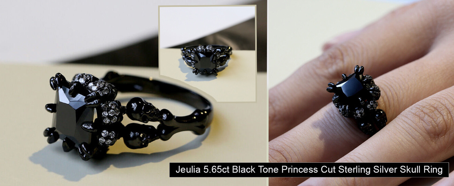 Black Tone Princess Cut Sterling Silver Skull Ring