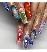 24 Pcs Handmade Press on Nails Long Coffin Fake Nails with Glue Full Cover False Nails with Color...