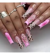 BABALAL Hot Pink Press on Nails Brown Cheetah French Tip Glue on Nails 3D Texture Flower Handmade...