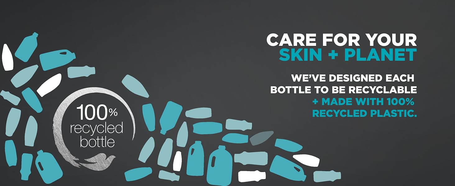 Logo in white circle, text: 100% recycled bottle on gray background with blue bottle drawings.