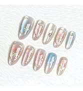 30Pcs Spring Flower Press on Nails Medium Almond Fake Nails with 3D Pearl Rhinestones Gradient De...