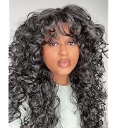 Annivia Curly Wig with Bangs for Black Women Black Kinky Long Curly Wig Synthetic Hair Daily Use ...