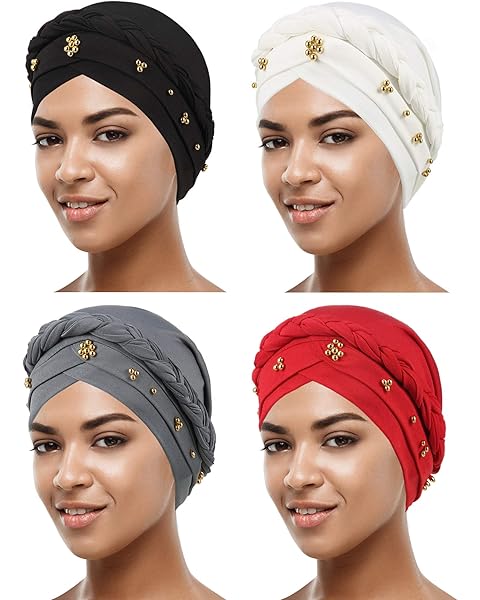 SATINIOR 4 Pieces Turban for Black Women African Cap Head Wraps Beaded Headscarf Beanie Wrap