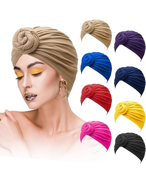 SATINIOR 8 Pcs Turbans for Women African Pre Tied Knot Headwrap Sport Headwrap Cancer Turban Cap Chemo Hair Loss Wrap(Fresh Color)
