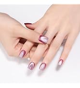 Rose Purple to White Gradient Press On Nails Short Square Cat Eye Nails, Fashion Gel Fake Nails, ...