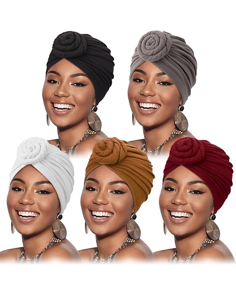 DRESHOW 5 Pack Knotted Headwraps for Women African Turban Pre-Knotted Beanie Headwraps Hair Covers