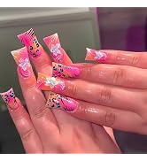 IMSOHOT Pink Press on Nails Medium Duck Fake Nails Glossy Glue on Nails with Flower & Leopard Pri...