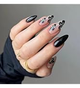 MISUD Press on Nails - Medium Almond Fake Nails, Acrylic Black Flower Design 24 pcs