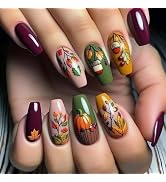24Pcs Fall Press on Nails Medium Coffin Fake Nails with Glue Thanksgiving False Nails with Pumpki...