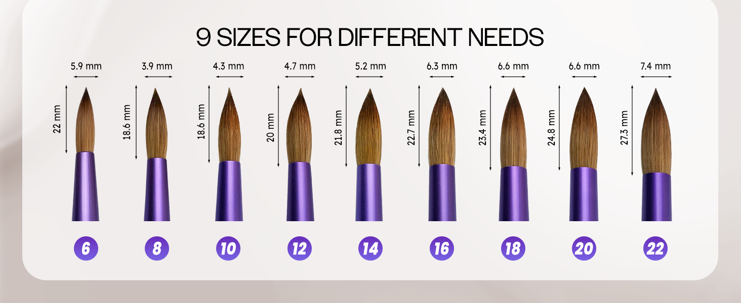 PANA Pure Kolinsky Hair Bristles Acrylic Nail Brush Round Shape 9 Different Brush Sizes #6 to #22