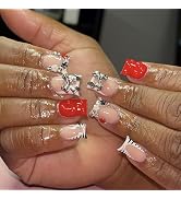 Square Press on Nails Short Fake Nails French Tip False Nails with 3D Silver Bow Charms Design Gl...