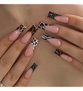 IMSOHOT Fall Press on Nails Long Square Fake Nails Glossy Brown French Tips False Nails with Zebr...