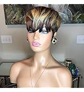 QiaQiaRing 1B/4/27 Pixie Cut Wigs for Black Women Brazilian Human Hair Short Wigs with Bangs Blac...