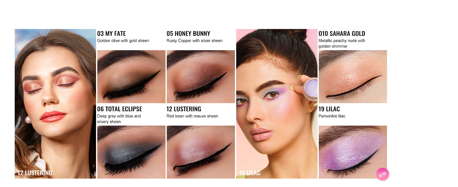 Eyeshadow palette showcase with six color swatches on eyelids, including shimmery gold, dark gray, rose gold, and purple shades.
