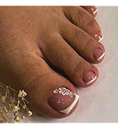 Puyokinm White French Tips Press on Toenails Flower Fake Toe Nails Short Square Toe Nail Tips Flo...