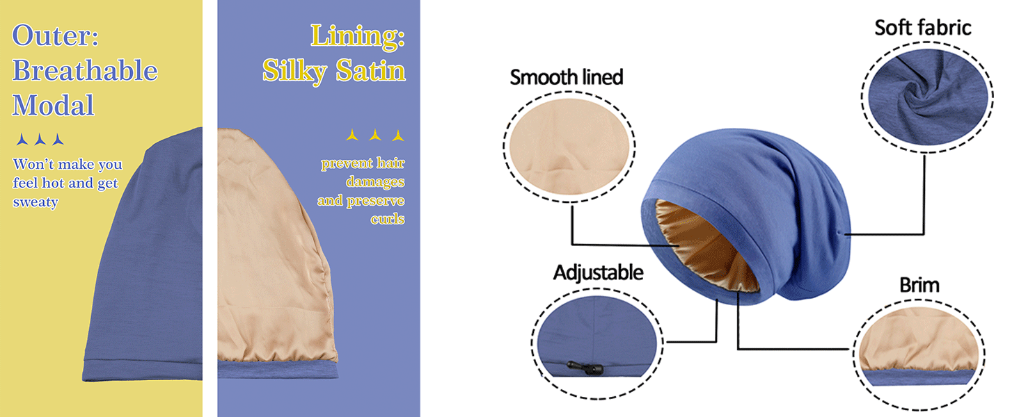Silk Satin Bonnet Hair Wrap for Sleeping, 2 Pcs Adjustable Bonnets for Women