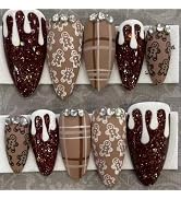 30Pcs Christmas Press on Nails Almond Medium Fake Nails with Rhinestone Gingerbread Man Stripe De...