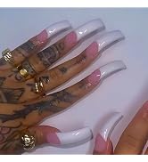 MISUD Press on Nails - Extra Long Curved Fake Nails with White French Tip, Acrylic Curve Design 2...