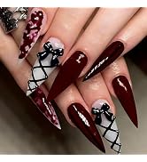 MISUD Press on Nails - Long Stiletto Fake Nails with Goth Red, Acrylic Gothic Black Bow Design 24...